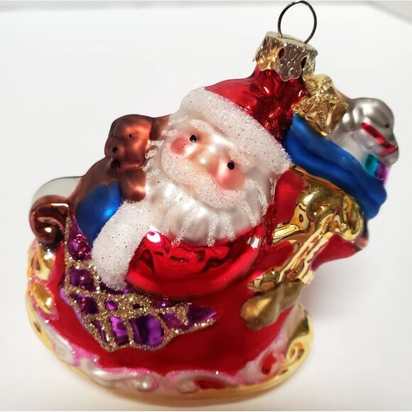 Christmas Ornament Santa Sleigh Sack of Toys & Presents Glass Gold Sparkling - Picture 1 of 9
